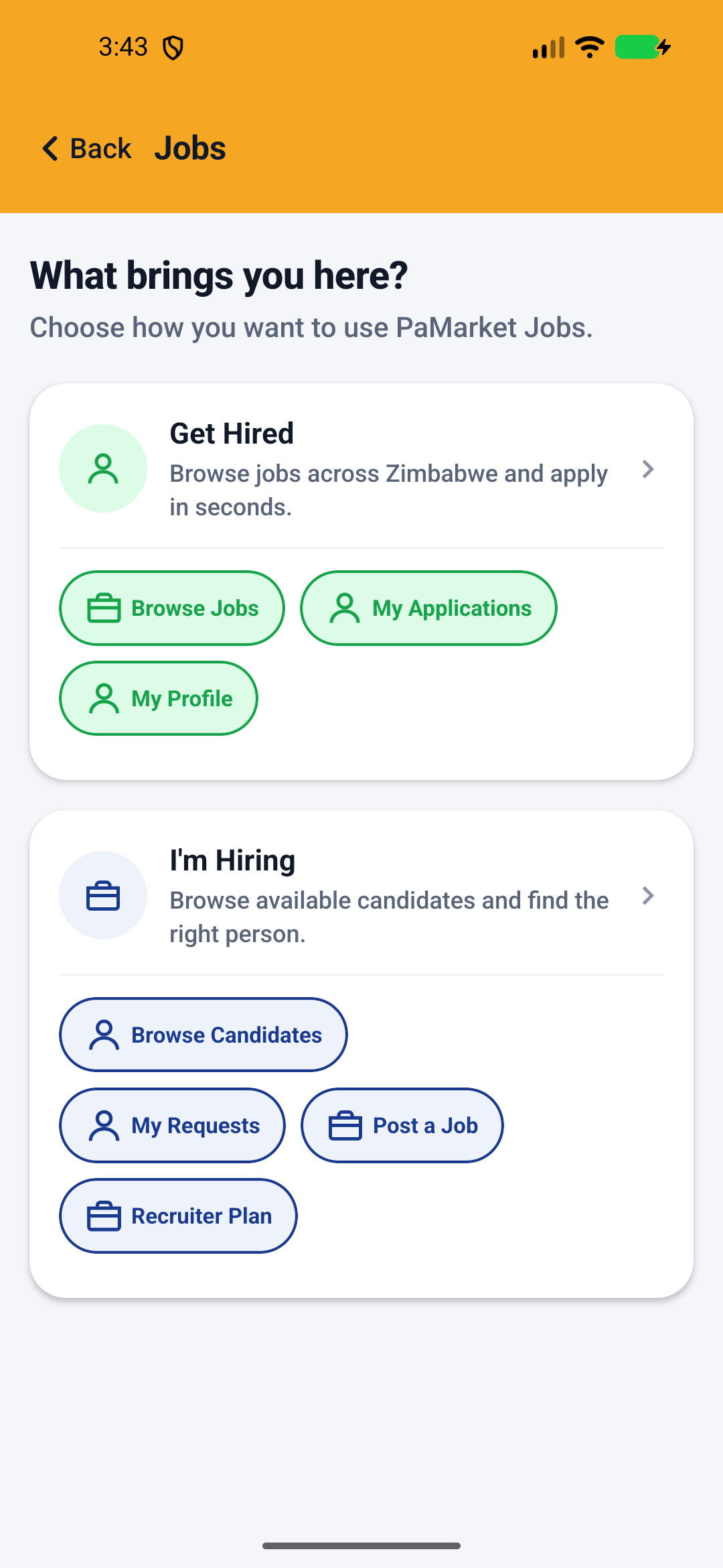 A real screen showing the PaMarket Jobs hub