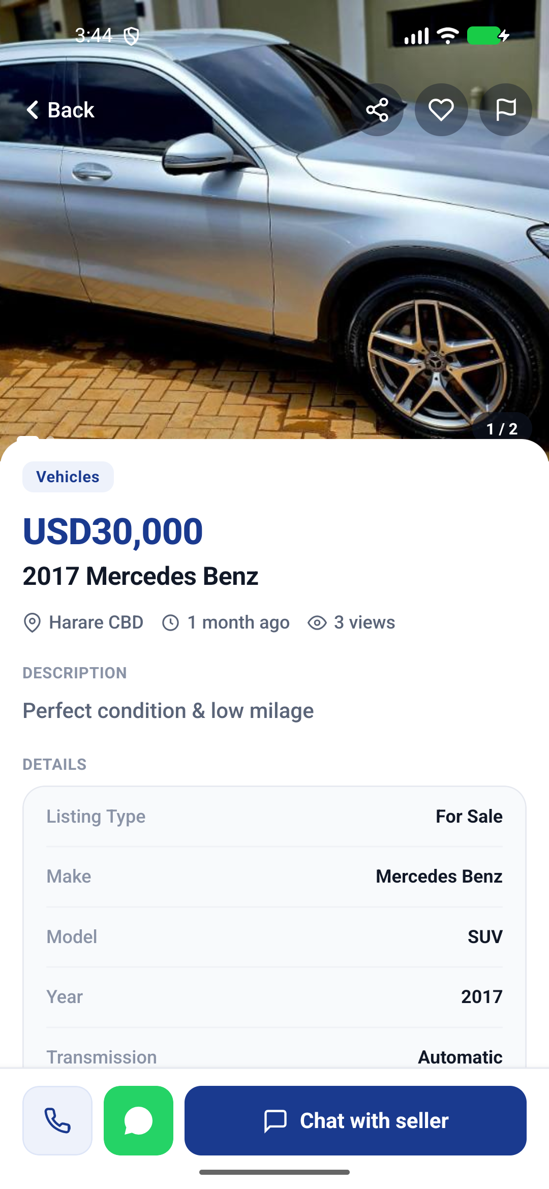 A real listing detail screen showing price, location and details