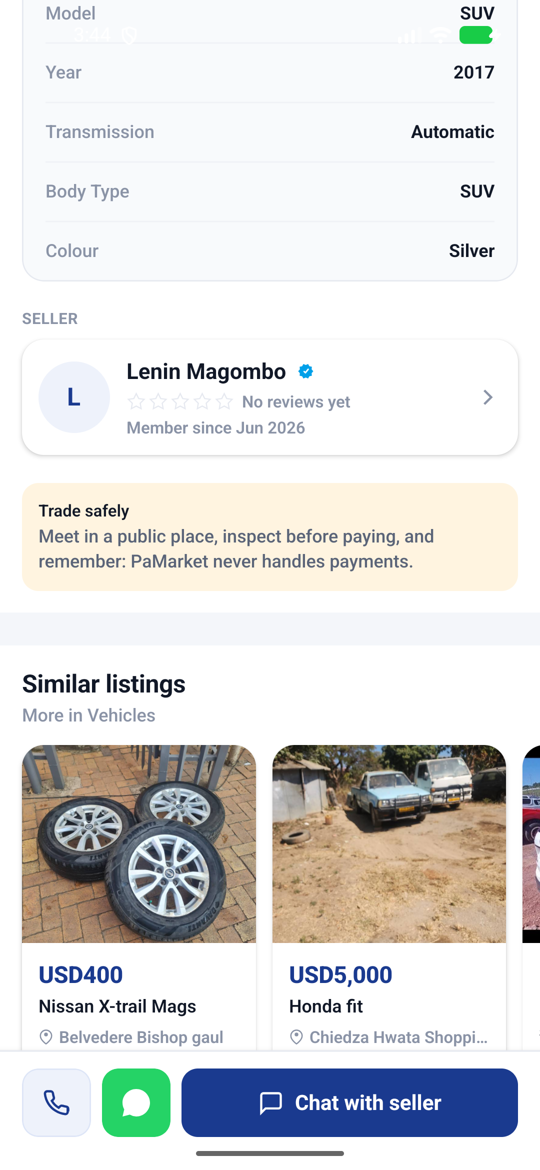 A real screen showing a verified seller badge and safety tips
