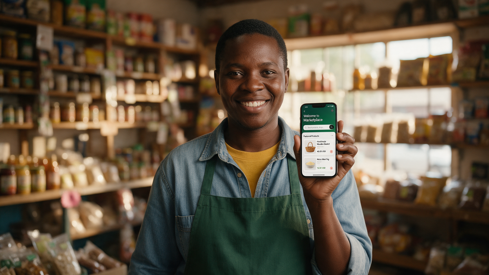 A Zimbabwean shop owner showing the PaMarket app on their phone